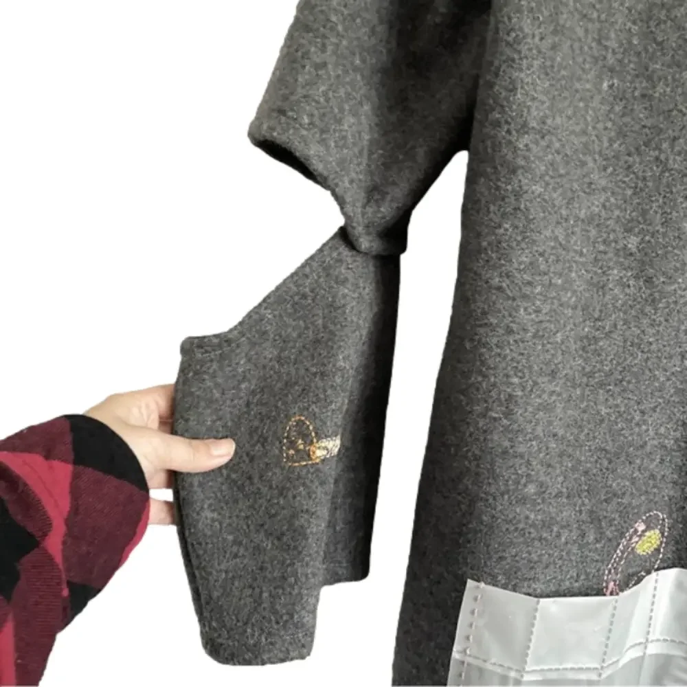 Handmade Gray Wool Elbow Cut-Out Embroidered Mid-Length Coat - 6/8, M, OOAK! - Picture 9 of 14